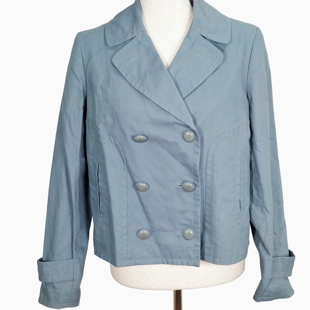 Talbots Jackie Fit Jacket Women 10P Gray Blue Double Breasted Blazer Cotton